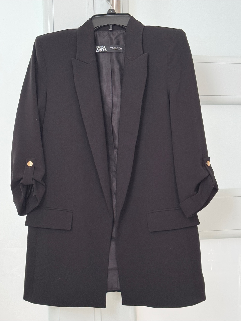 ZARA Black Longline Blazer with Gold Button Accents